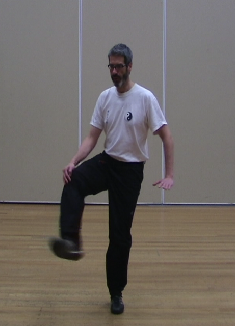 exercises: Tom does knee and hip rotations while standing on one leg
